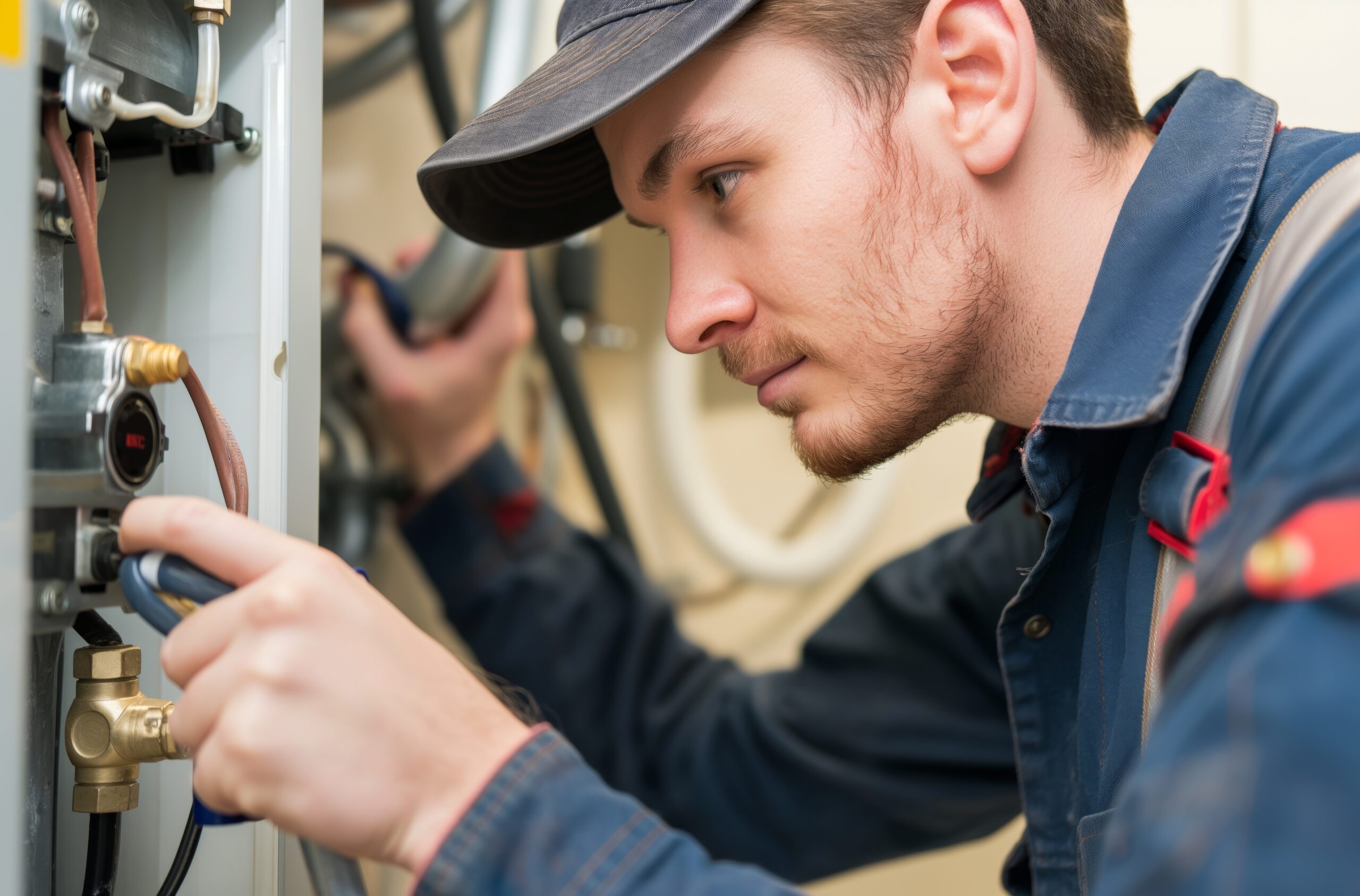 A technician inspects plumbing components, focusing intently while adjusting valves and hoses, emphasizing the importance of maintenance.